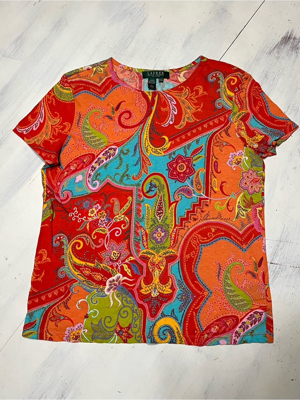 Lauren Ralph Lauren Paisley Floral T-Shirt Top Sz PM Breathable Cotton Boho